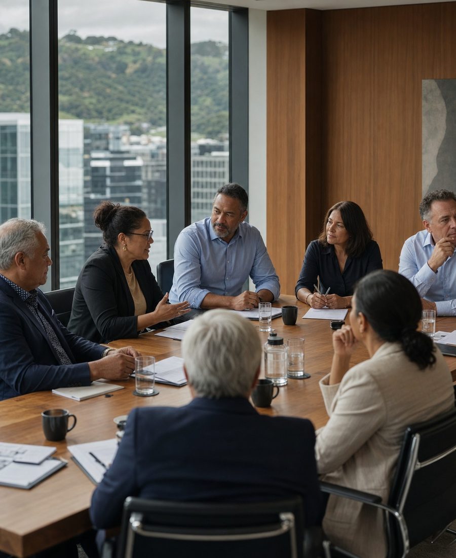 Directors in discussion around a boardroom table, a New Zealand city and green hillside beyond the windows