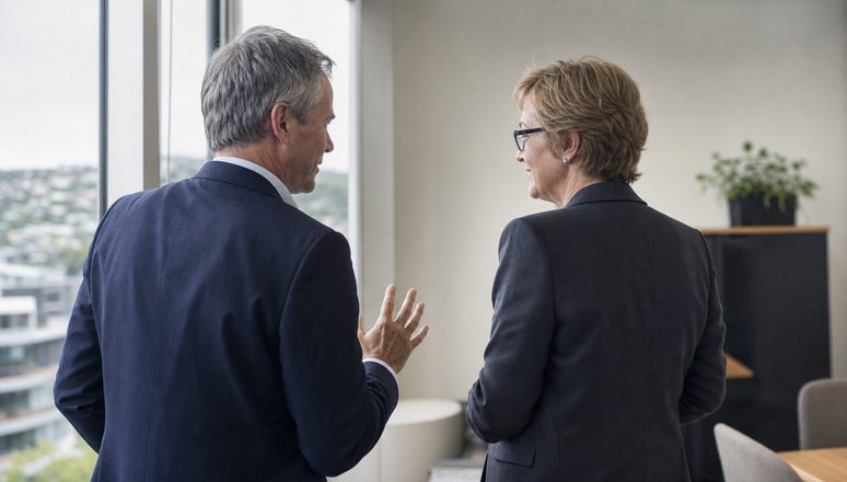 Two company directors talking beside an office window