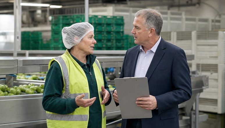 A packhouse supervisor talking with a visiting manager beside a produce grading line