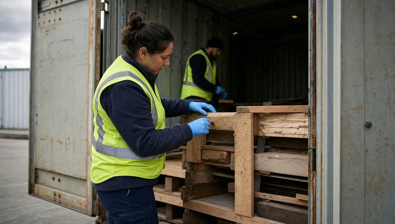 A quarantine officer inspecting timber packaging at the doors of a shipping container