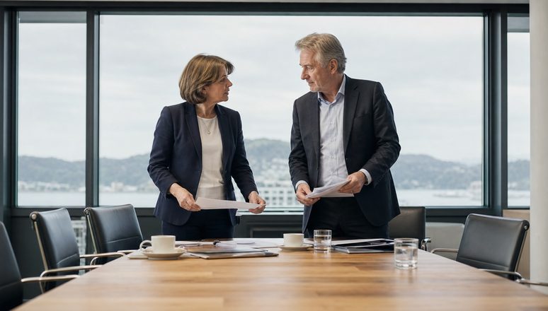 Two directors gathering papers at the end of a board meeting, a harbour beyond the windows