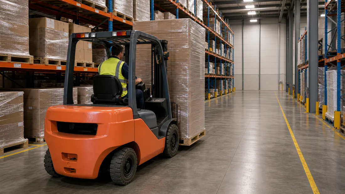 A forklift operating in a warehouse aisle marked with yellow pedestrian safety lines