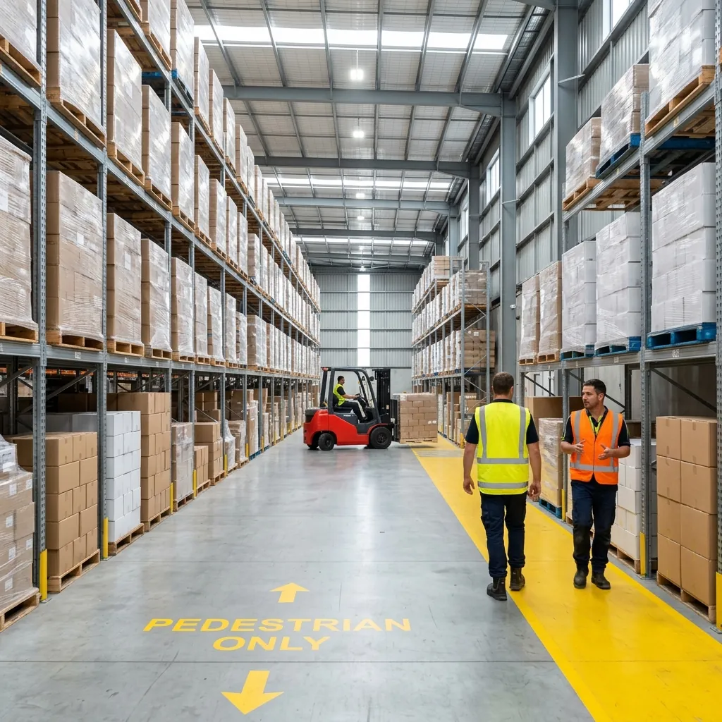 A forklift moving down a warehouse aisle marked for pedestrians, with workers on foot nearby