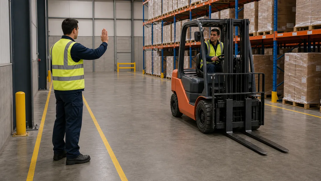 Two warehouse workers in high-visibility vests talking on the warehouse floor near racking