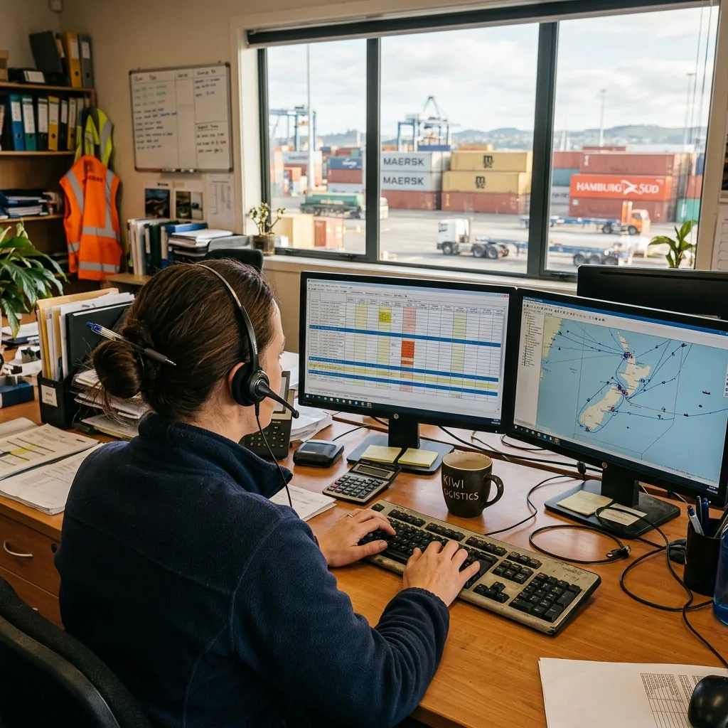 A freight forwarder coordinating a shipment at a desk in a New Zealand logistics office, with a container port visible through the window